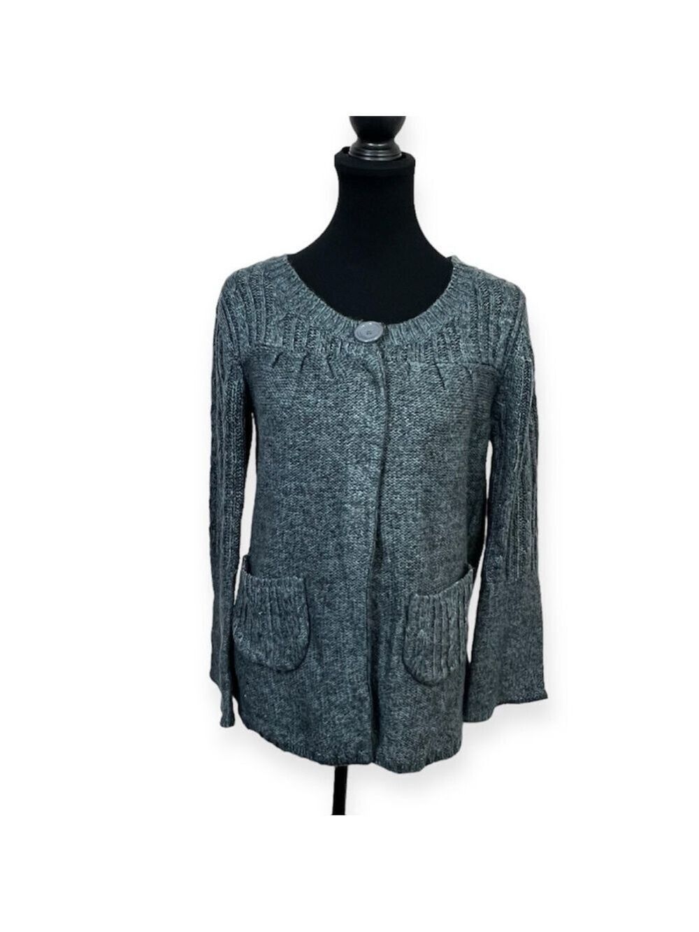 Linda Matthews Snap Button Knit Sweater Cardigan Gray Size L